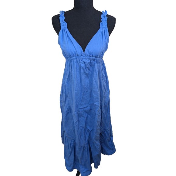 Love Tree Midi Dress Blue Linen Blend Ruffle Strap Casual Coastal Size Medium - Picture 1 of 11